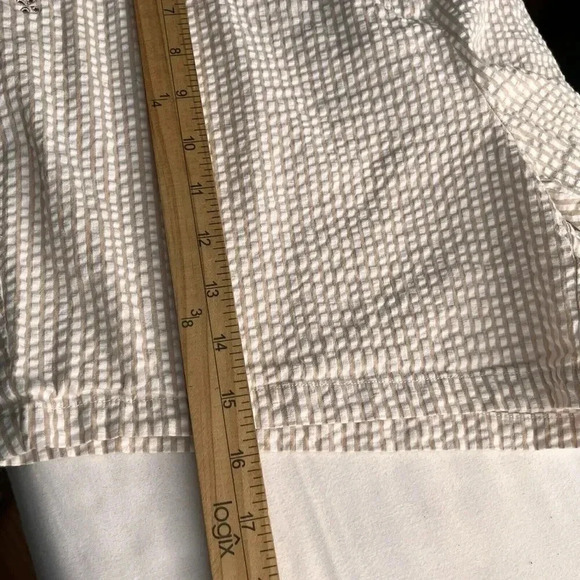 Susan Graver Seersucker Jacket & Shorts Set Womens L Tan Striped Eyelet Retro - Picture 10 of 16